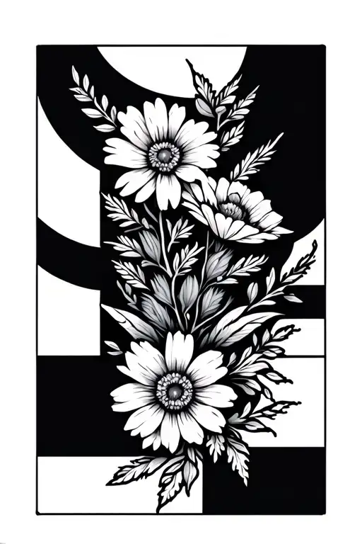 Half Sleeve With Wildflowers And Geometric Shapes