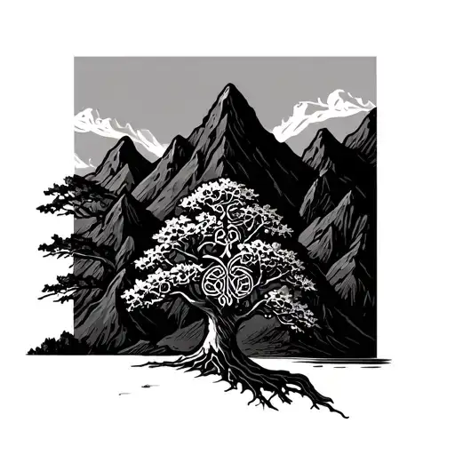 Celtic Rowan Tree With Mountains Behind It
