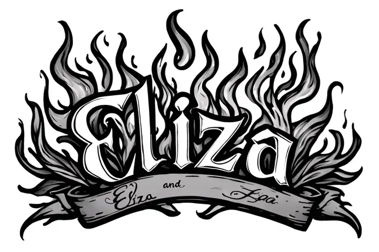 Black And White Tattoo With The Name Eliza And A Flame Beside It