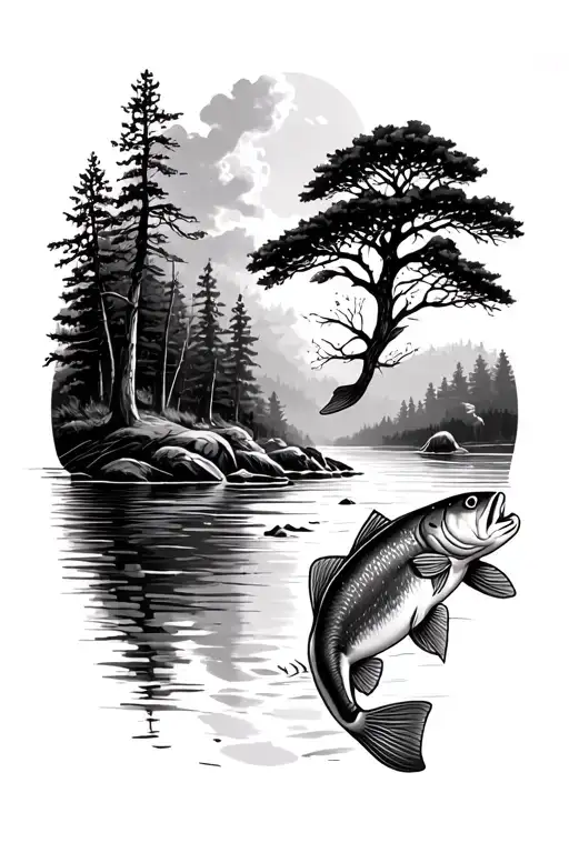 River Surrounded By Trees And Fish Jumping