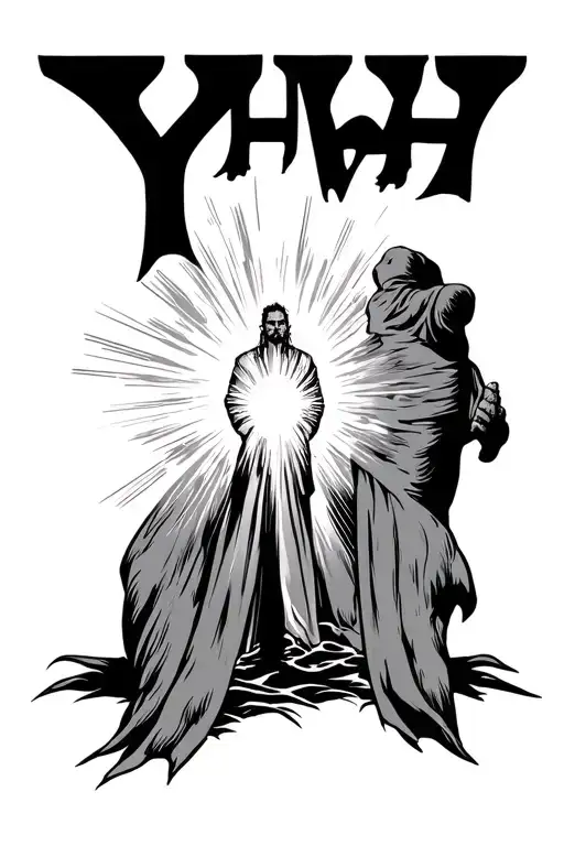 Yhwh Written Chicano Style With A Bright Light Shining With A Man In The Middle Standing