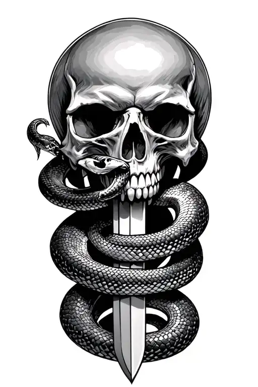 Skull With A Snake Coming Out Of The Mouth With A Sword Through The Throat Of The Snake