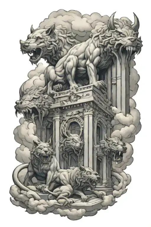 3D Cerberus Guarding The Gates Mountain And Clouds