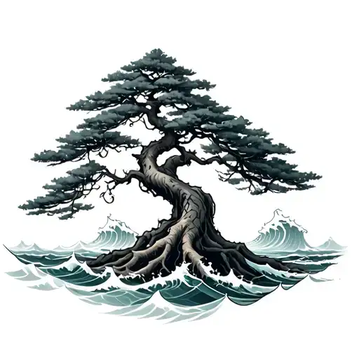 Bonsai Tree With Roots Surrounded By Waves Crashing
