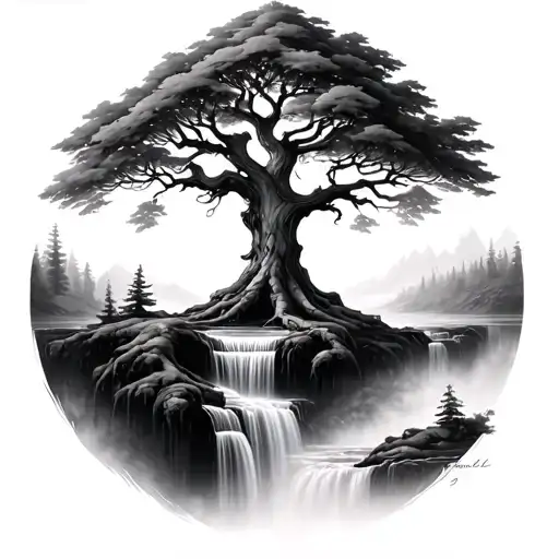 Rowan Tree With No Roots And A Waterfall In The Centre