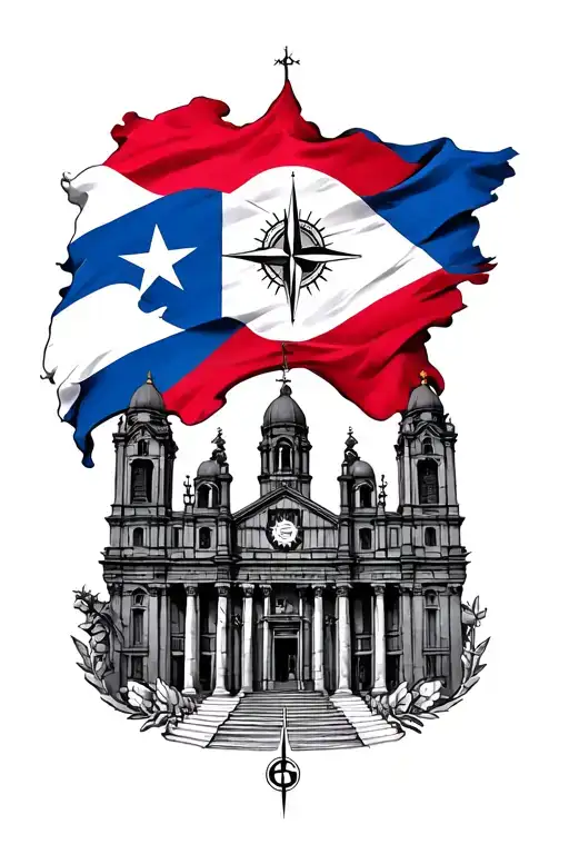 Cuban Flag Intertwined With A Compass With A Cuban Cathedral At The Bottom