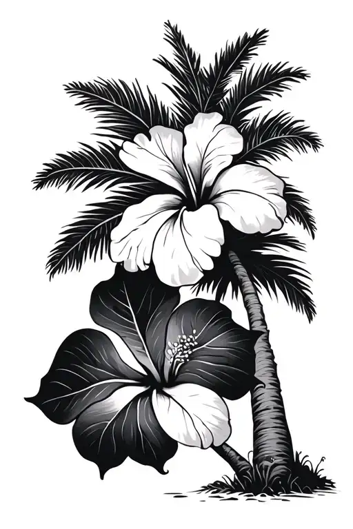 Hibiscus Flower And Palm Tree Intertwined