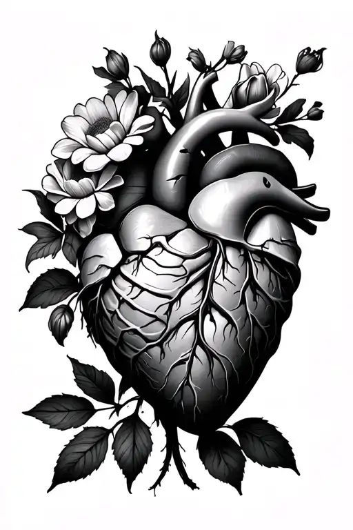 Human Heart Wrapped In Rib Cage Beautiful Bouquet Of Flowers