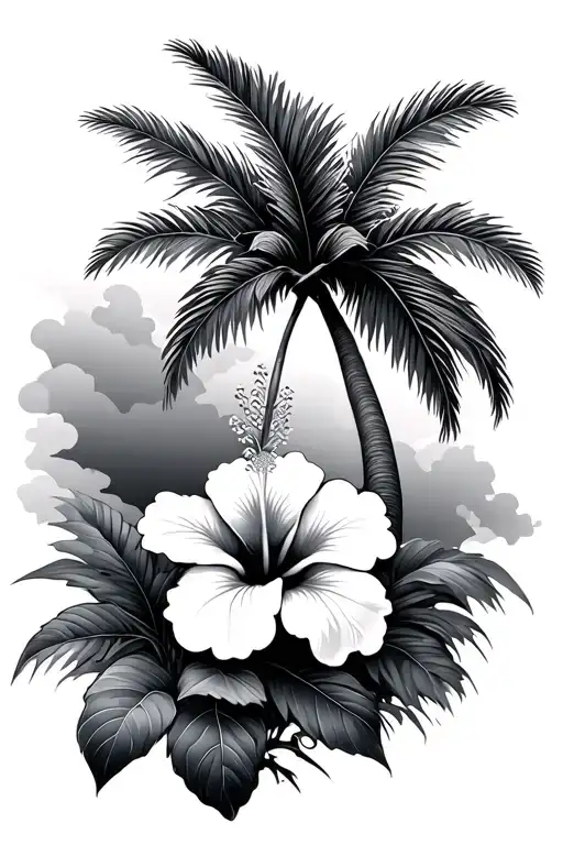 Hibiscus Flower And Palm Tree Growing