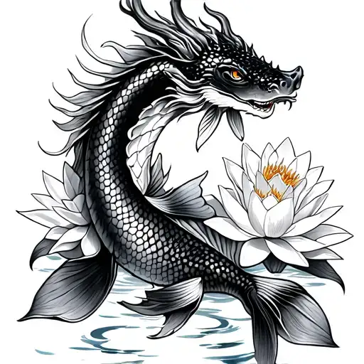 Koi Fish Dragon With Water Lilies