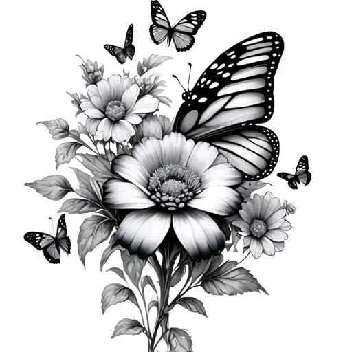 Butterflies Around Hyandrea Flower Fine Line