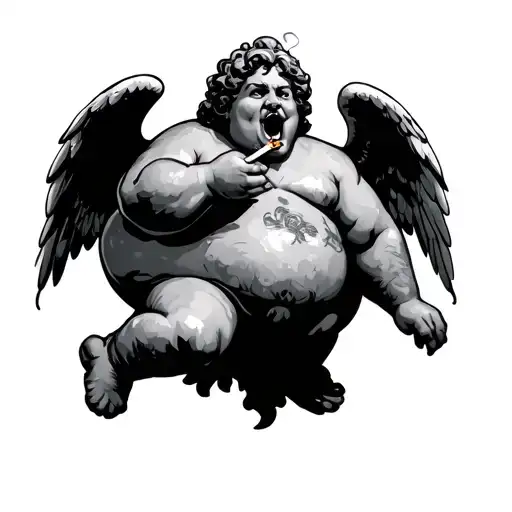 Fat Cupid Smoking Cigarette In His Mouth Open Looking
