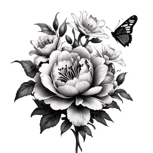 Peonies And Lilies With Butterflies