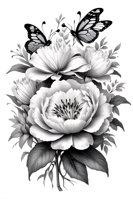 Peonies And Lilies With Butterflies