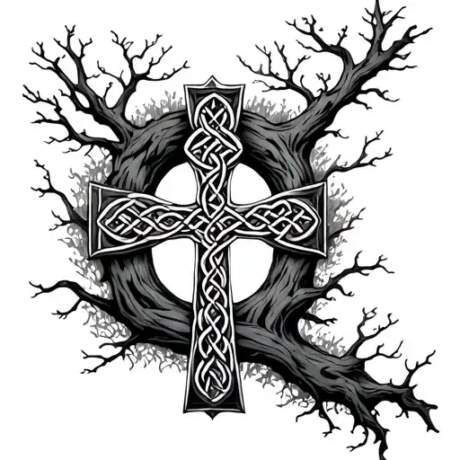 Celtic Cross Intertwined With Trees