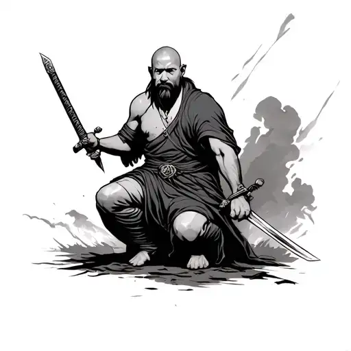 Monk On The Knee With A Sword On The Battlefield