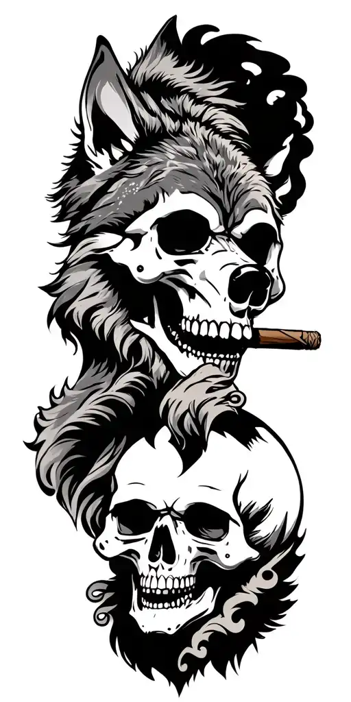 Skulls Smoking Cigars With Wolf Surrounded