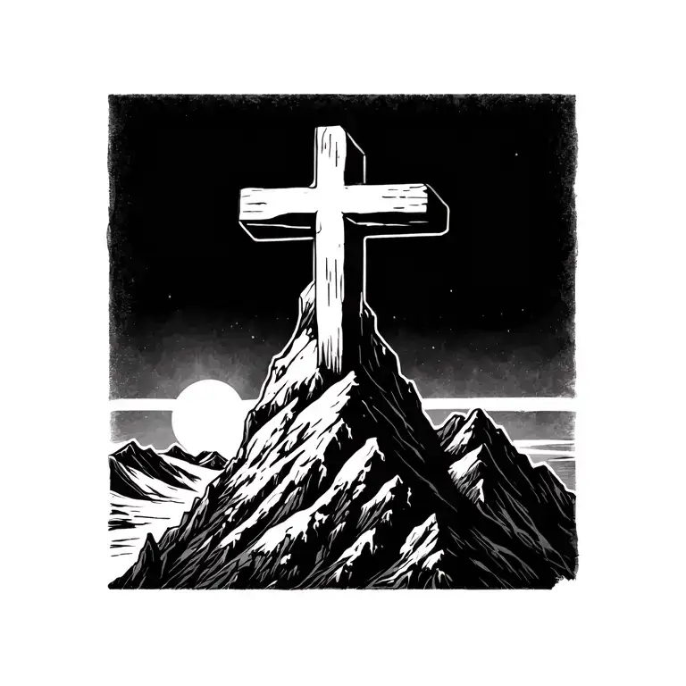 Cross On A Simple Mountain Peak With She Sun Rising Behind It