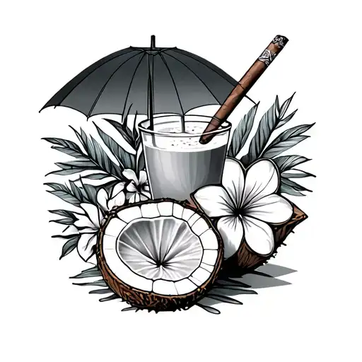 Coconut Drink With Cigar And Flowers And Unbrella