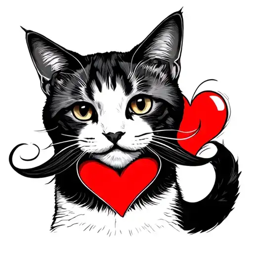 Heart With Black And White Cat And Mustaches