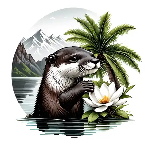 Rocky Mountains Behind An Otter Holding A Magnolia Flower Next To A Palm Tree