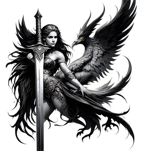 Valkyrie With Sword On Left Side Blending Into Phoenix On Right Side