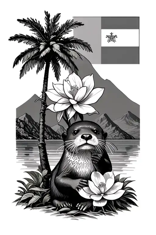 Rocky Mountains Behind An Otter Holding A Magnolia Flower Next To A Palm Tree & Sicily Madusa Flag