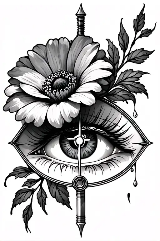 Flower Tattoo With Compass And Tearful Eye Looking