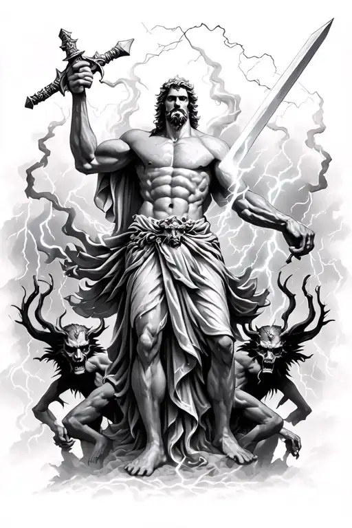 Zeus Holding Sword Surrounded By Lightning Storm And Demons