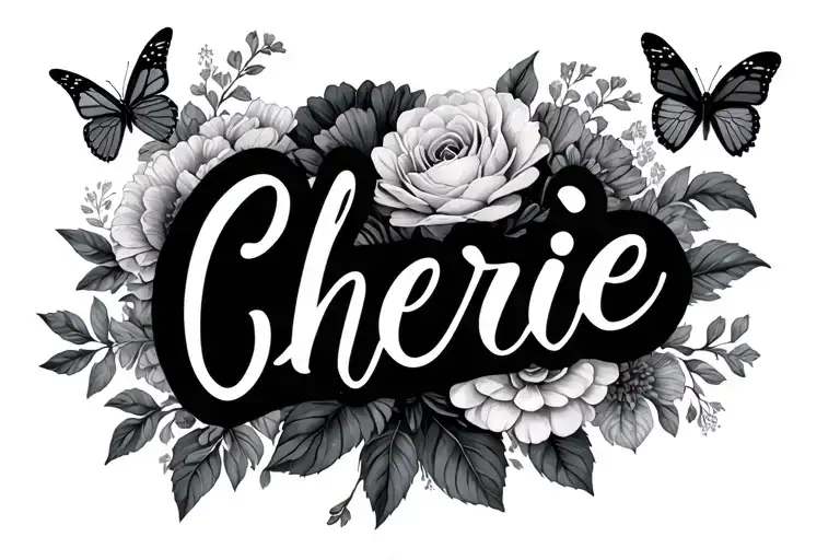 Cherie Written Out In Cursive With Flowers In The Background And Butterflies