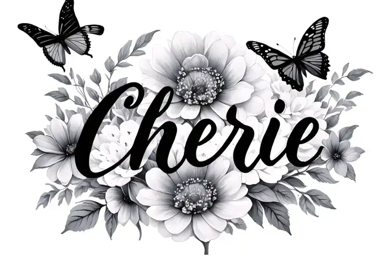 Cherie Written Out In Cursive Blended With Flowers In The Background And Butterflies
