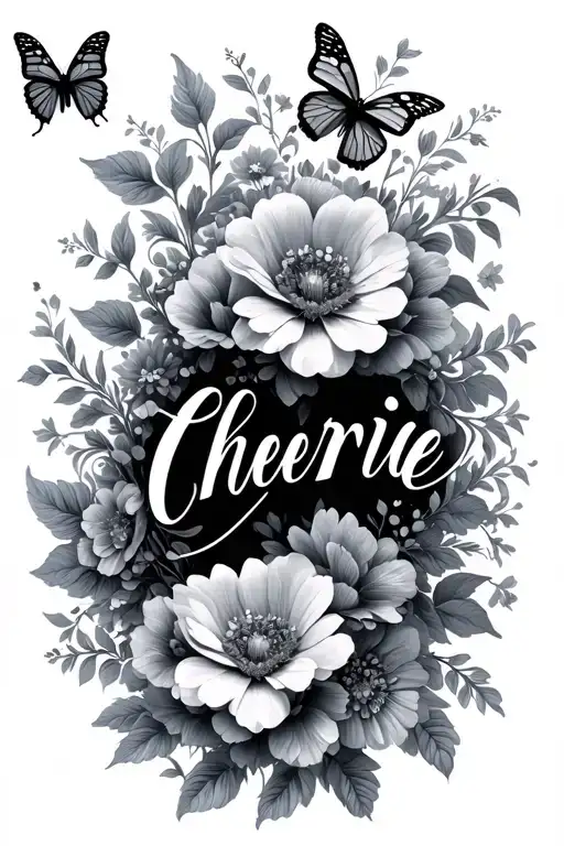 Cherie Written Out In Detailed Cursive Blended With Flowers In The Background And Butterflies