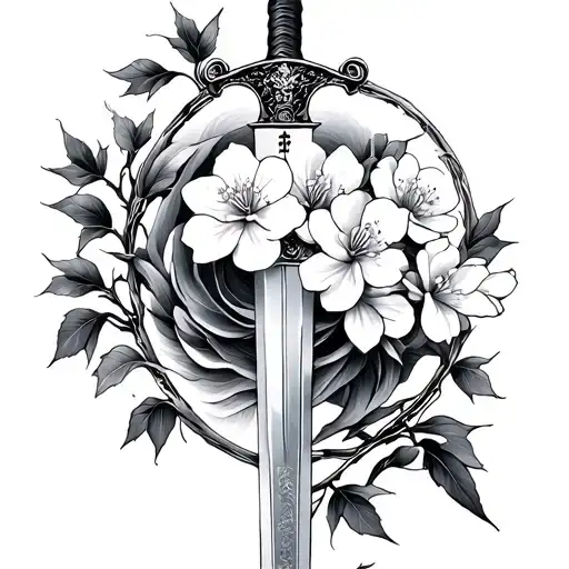 Japanese Chery Blossom Leaves Around Sword