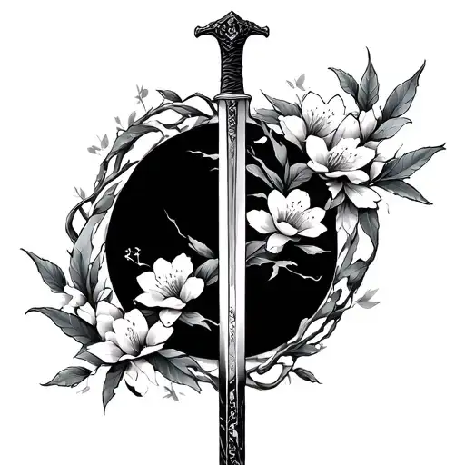 Japanese Chery Blossom Leaves Around Sword Mulan