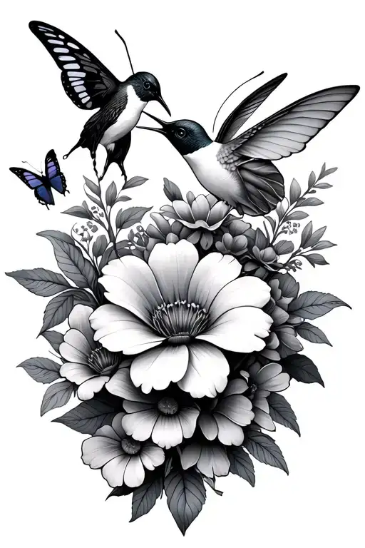 Flowers Wrapped Loosely With Butterflies And A Hummingbird