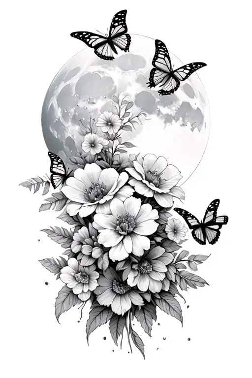 Flowers Wrapped Loosely With Butterflies And A Full Moon