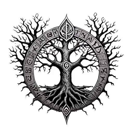 Norse Mythology Tree Of Life With Runes Circling Around It