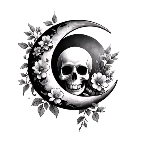 A Crescent Moon With A Skull Face Carved Into The Moon With Flowers Around It