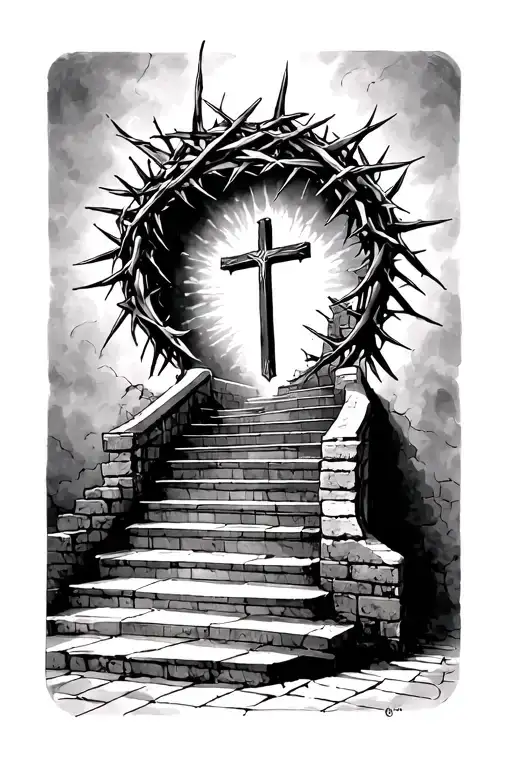 Crown Of Thorns With A Cross And In The Back Round Stairs Leading To Heaven