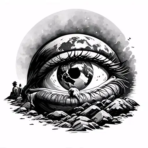 Sissyphus Pushing The Boulder Which Is Earth And The Whole Setting Is Inside An Eye