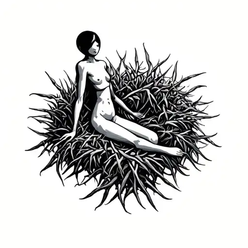 A Stick Figure Curled Up In The Middle Of A Thorn Bush