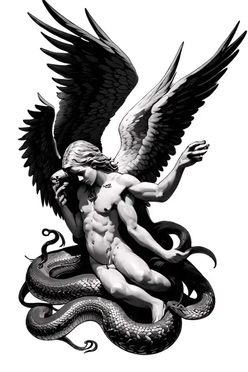 Archangel With Wings Grabbing A Small Snake By The Throat