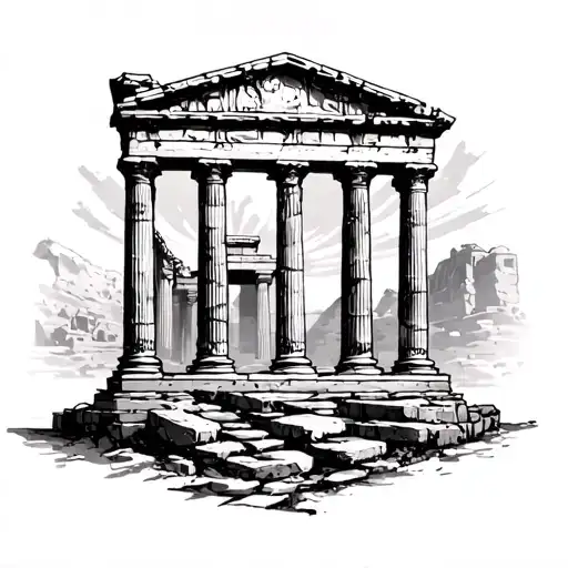 A Black And Grey Tattoo Of A Roman Temple Like The Jupiter In Baalbek