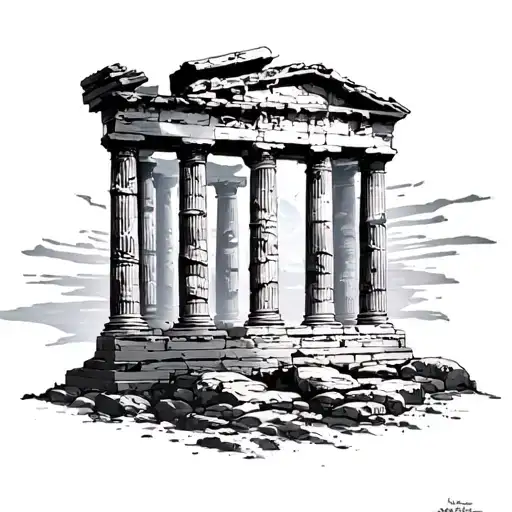 A Black And Grey Tattoo Of A Roman Temple Like The Jupiter In Baalbek With 6 Columns