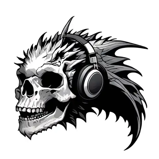 Dragon Coming Out Of A Skull Wearing Headphones