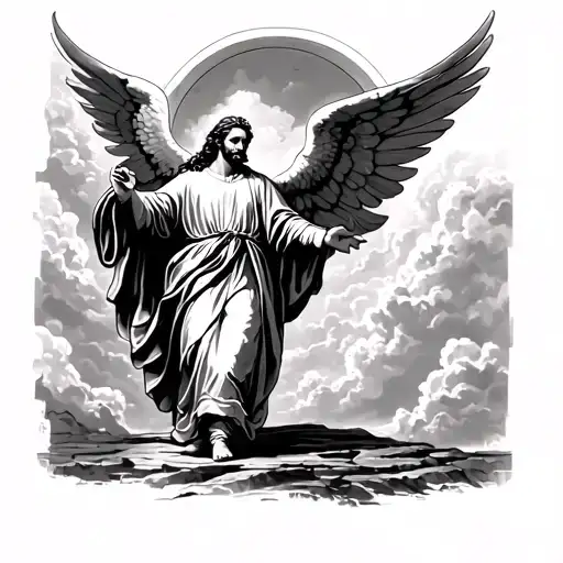 Father Walking In Heavens Gates Reaching For An Angel