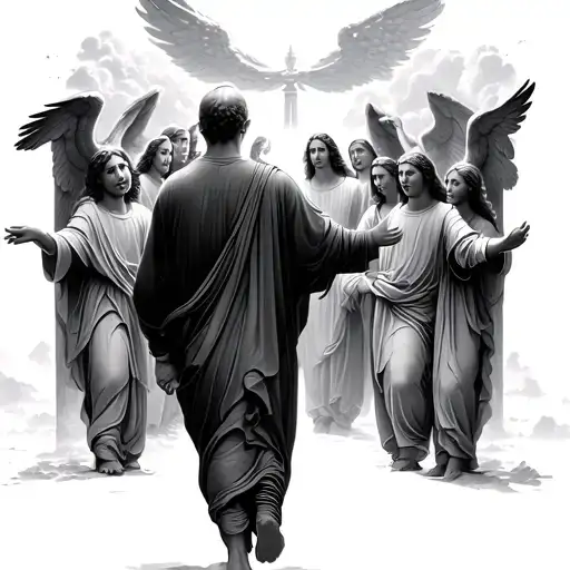 Dad Walking In Heavens Gates Reaching For Jesus With Angels Standing Nearby