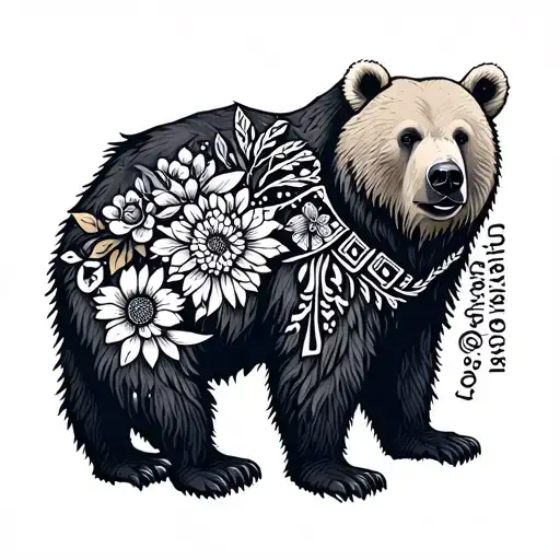 Bear Outline With Northern Lights And Traditional Metis Flowers