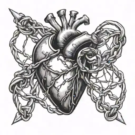 A Half Chest Tattoo With A Hand Holding A Heart Wrapped In Barbwire