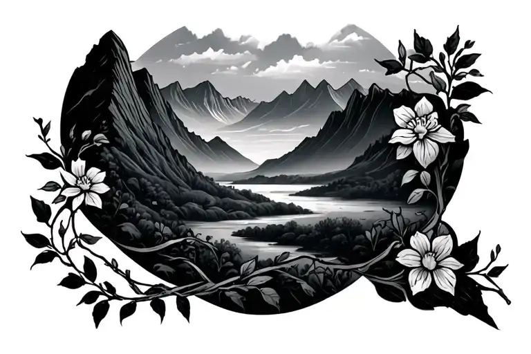 Mountains Landscape Tattoo Featuring A Flower Vine Wrapping Around Forearm